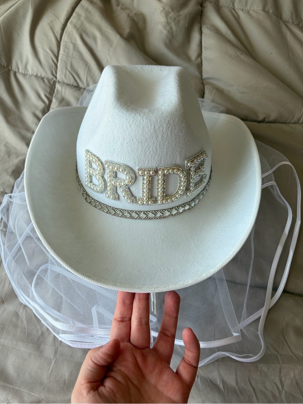 White Embellished Bride Cowboy Hat with Veil Accent